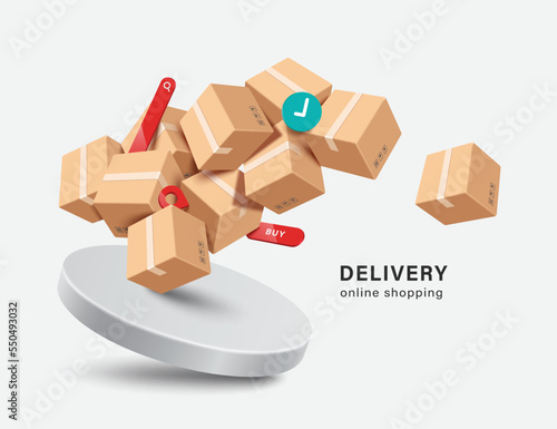 bulk parcel boxes or cardboard box and pins, buy icon, order confirmation icon, search bar Floating in air above a white round podium