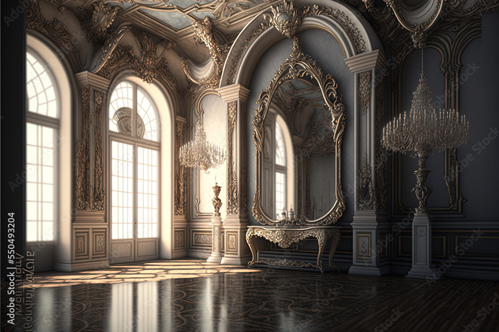 an empty glamorous rococo baroque ballroom generated by AI - obrazy, fototapety, plakaty 