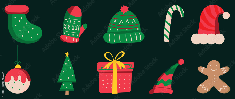 Naklejka premium Set of winter vibrant christmas element vector illustration. Collection of sock, glove, gingerbread man, knitted hat, gift box, christmas tree. Design for sticker, card, poster, invitation, greeting.