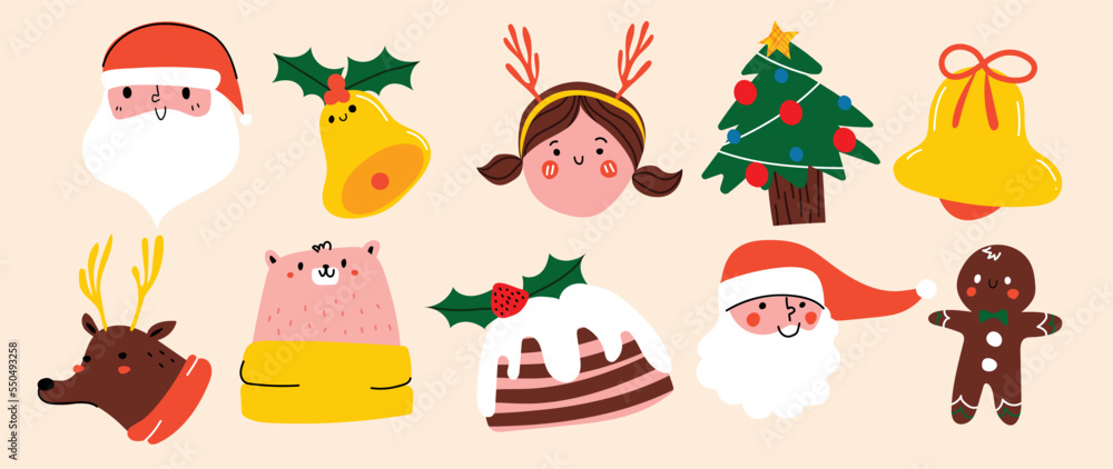 Set of winter vibrant christmas element vector illustration. Collection of cute santa, christmas tree, bell, reindeer, bear, cake, gingerbread. Design for sticker, card, poster, invitation, greeting.