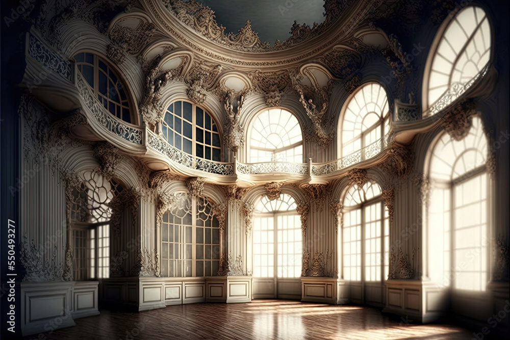 an empty glamorous rococo baroque ballroom