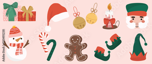 Set of winter vibrant christmas element vector illustration. Collection of santa hat, present box, elf costume, candy cane, snowman, candle. Design for sticker, card, poster, invitation, greeting.