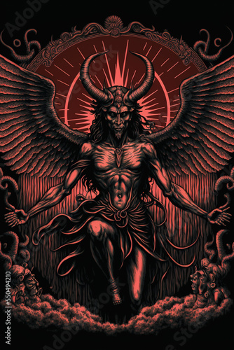 Red Baphomet demon king statue gothic engraving illustration filigree background
