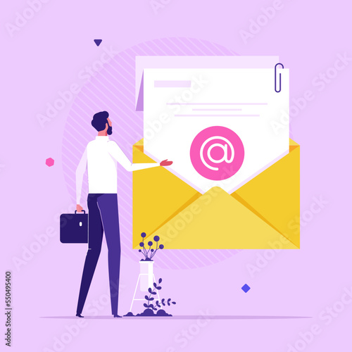 Man looking and thinking at computer screen with shooting target and arrow in center. Concept of digital targeting marketing strategy, business goal, objective of startup project. Modern flat vector i