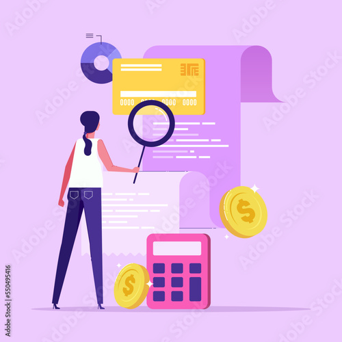 Woman looking through magnifying glass at bill, check or invoice. Concept of accounting and auditing service for business, budget planning, revenue calculation, flat vector illustration