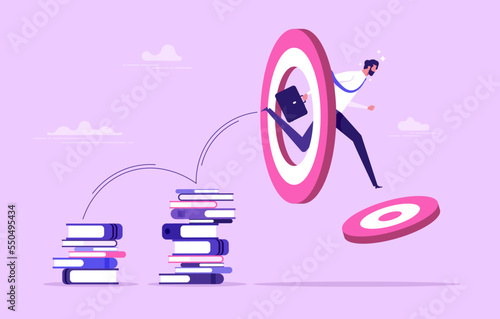 Business education is the way to the goal. Successful businessman on stacks of books, staff training and specialization, knowledge support. New opportunities. Vector concept