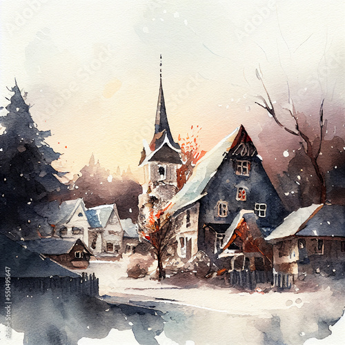 Watercolor of Traditional Village Decorated for Christmas. generative ai