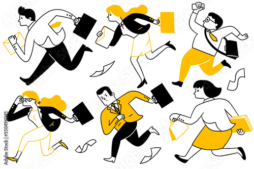 Cute character doodle illustration of businesspeople, man and woman, running fast, hurrying and rushing. Outline, thin line art, hand drawn sketch design, simple style.