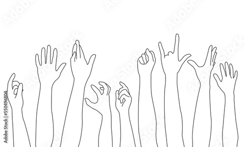 Many hands up Human Hand, Hand Raised, Volunteer  line art vector.