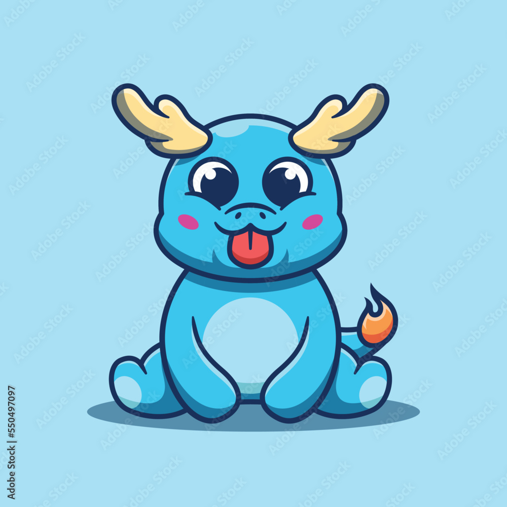 Blue cute baby dragon mascot sitting
