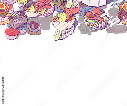 Background pattern abstract design texture. Snacks and Cutlery. Horizontal seamless stripe. Border frame, transparent background. Theme is about spatula, jelly, snack, onigiri, sweet, basket