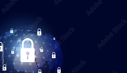 Abstract background digital concept world padlock cybersecurity anti virus malware spy protection cyber theft security On a blue-black background
