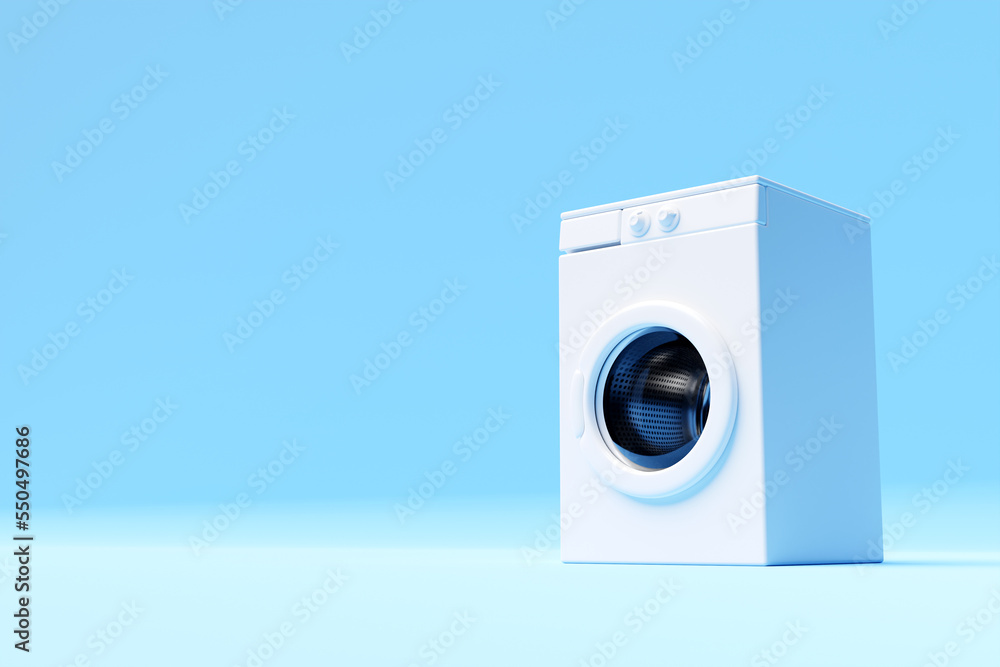 Realistic mockup of a washing machine on a blue background. 3d laundry, washing machine for household chores. Bathroom equipment