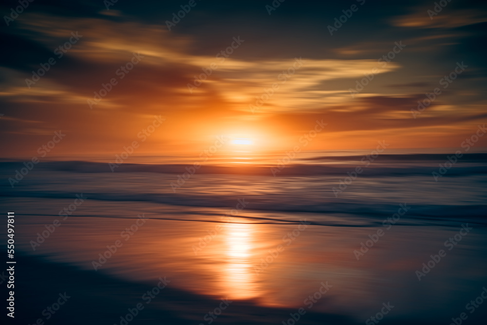 Abstract seascape. Red sunset, motion blur. Tranquil scene of empty sand beach