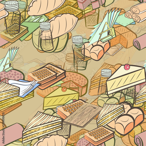Background pattern abstract design texture. Seamless. Bakery products and Table setting. Theme is about pancakes, napkins, container, spicy, two-layer, roll, spoon, salt shaker, dissected