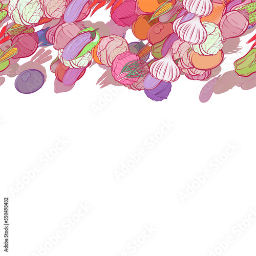 Background pattern abstract design texture. Health food and Health food. Horizontal seamless stripe. Border frame, transparent background. Theme is about vitamin C, whole garlic, cucumbers