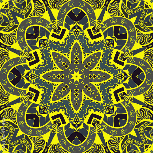 Seamless tile texture. Tracery mehndi design image. Dark toxic colors. Ethnic doodle art. Curved doodling picture. Vector