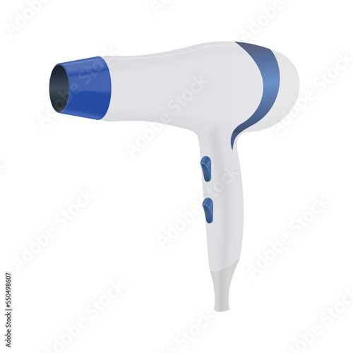 Hair dryer, blue and white body, 3d vector rendering
