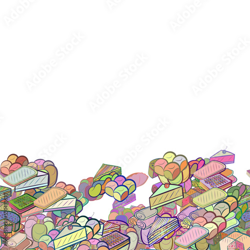 Background pattern abstract design texture. Bakery products and Bakery products. Horizontal seamless stripe. Border frame, transparent background. Theme is about bakery, sandwich, twist