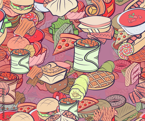 Background pattern abstract design texture. Seamless. American food and Snacks. Theme is about jelly, rice, sweetness, bakery products, stuffed cabbage, sausage, cream, American cake, meat