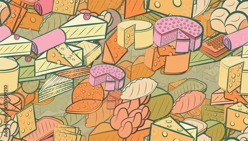 Background pattern abstract design texture. Seamless. Bakery products and Cheeses. Theme is about a stack, classical, briquette, piece, spicy, round, lush, saturated with filling, share