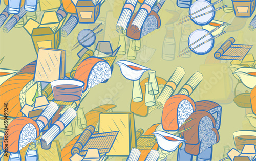 Background pattern abstract design texture. Seamless. Japanese food and Japanese food. Theme is about , kyusu, food sticks, bamboo mat, wok, chopsticks, water bottles, sauce bottle, packet