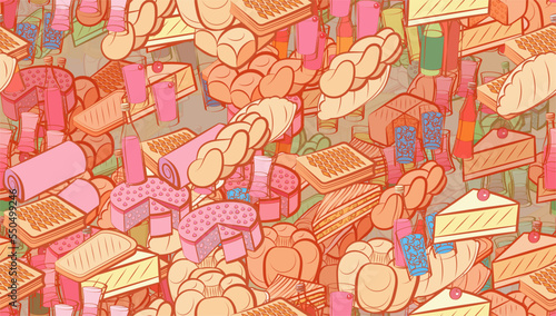 Background pattern abstract design texture. Seamless. Bakery products and Alcohol. Theme is about bottle, divided, Finnish, forty degrees, tonic, wine, slice, mixture, Russian, cherry, strudel