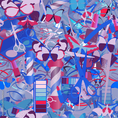 Background pattern abstract design texture. Seamless. Theme is about shaving, razor blade, exotic, wing, delicate, fly, comb, wavy, barber, beautiful, Red Admiral, nail polish, repeat