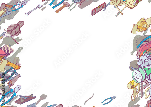 Background pattern abstract design texture. Repair and Building tools. Border frame, transparent background. Theme is about waterproofing, hank, water pipes, rolls down, instruments, wiring