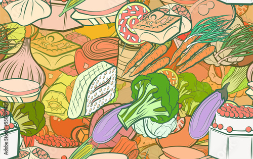 Background pattern abstract design texture. Seamless. Snacks and Health food. Theme is about cream, nutritious, cleaned up, meat, loaf, mini cake, borscht, snack, vitamin C, sugar, carrot