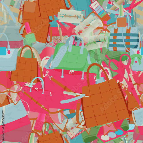 Background pattern abstract design texture. Seamless. Theme is about satchel, pomade, powder, scissors, stuff, small, cosmetology, girl, store, Tote, lady, office, leather, barber, shopping