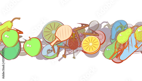Background pattern abstract design texture. Tennis and Fruits. Horizontal seamless stripe. Border frame, transparent background. Theme is about branch, chair, pineapple, bananas, sports judge