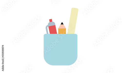 Pen cup icon for web. Simple pen pot with ballpoint pen, pencil and ruler sign vector design. Stationery set in cup web icon isolated on white background. Pencil case logo clipart. School supplies