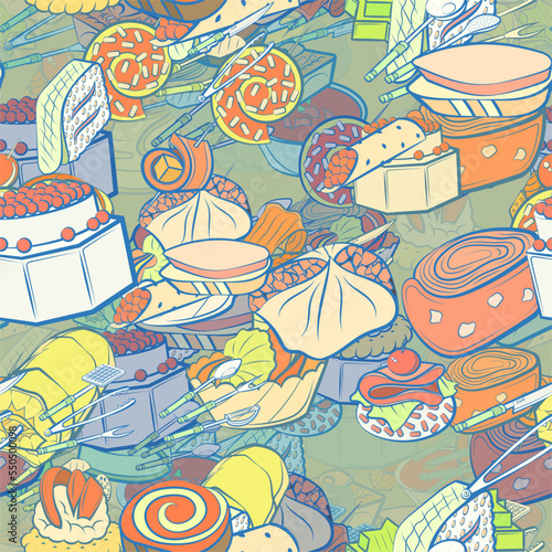 Background pattern abstract design texture. Seamless. Cutlery and Snacks. Theme is about scoop, meat fork, crab meat, grater, sausage, spiral, satiety, forceps, Khinkali, wand, meat hammer