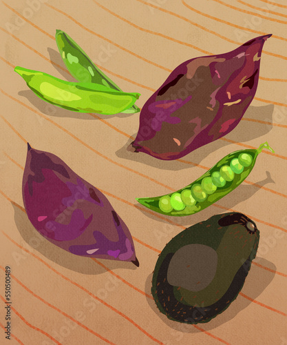 Photos still life with peruvian typical vegetables peas sweet potato avocado