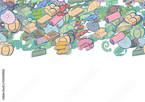 Background pattern abstract design texture. Seafood and Bakery products. Horizontal seamless stripe. Border frame, transparent background. Theme is about piece, squid, oceanic, cut, bread