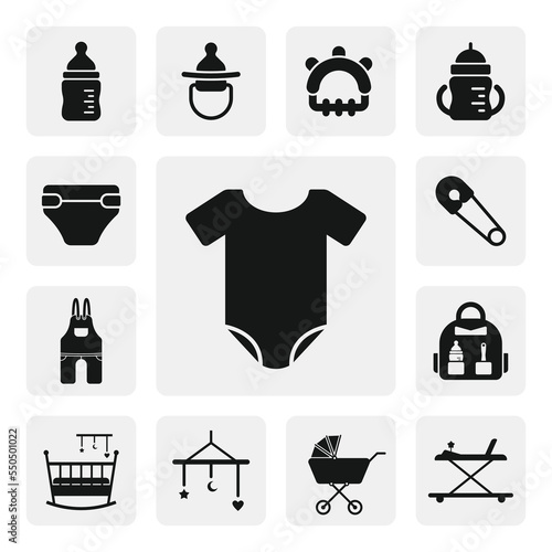 Baby onesie flat web icon. Bodysuit, romper, clothes silhouette solid black vector. Baby shower icon set