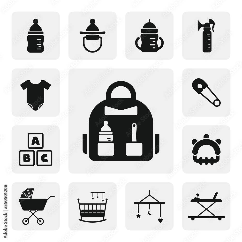 Baby care bag flat web icon. mother bag silhouette solid black icon vector. Baby care icon set Baby care bag flat web icon. mother bag silhouette solid black icon vector. Baby care icon set