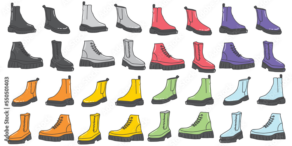 Vector set of drawings with black boots. Isolated objects on a white background. woman winter boots. Hiking boots.
