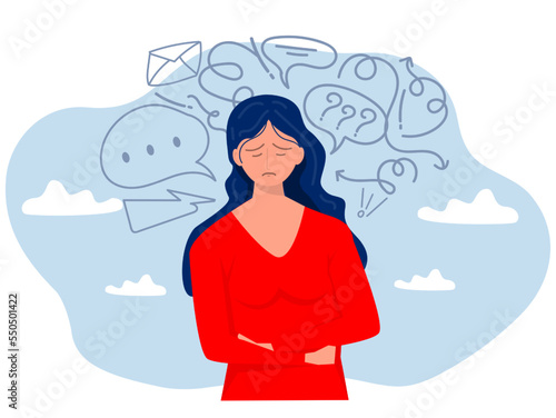 woman suffers from obsessive thoughts; headache; unresolved issues; psychological trauma; depression.Mental stress panic mind disorder illustration Flat vector illustration.