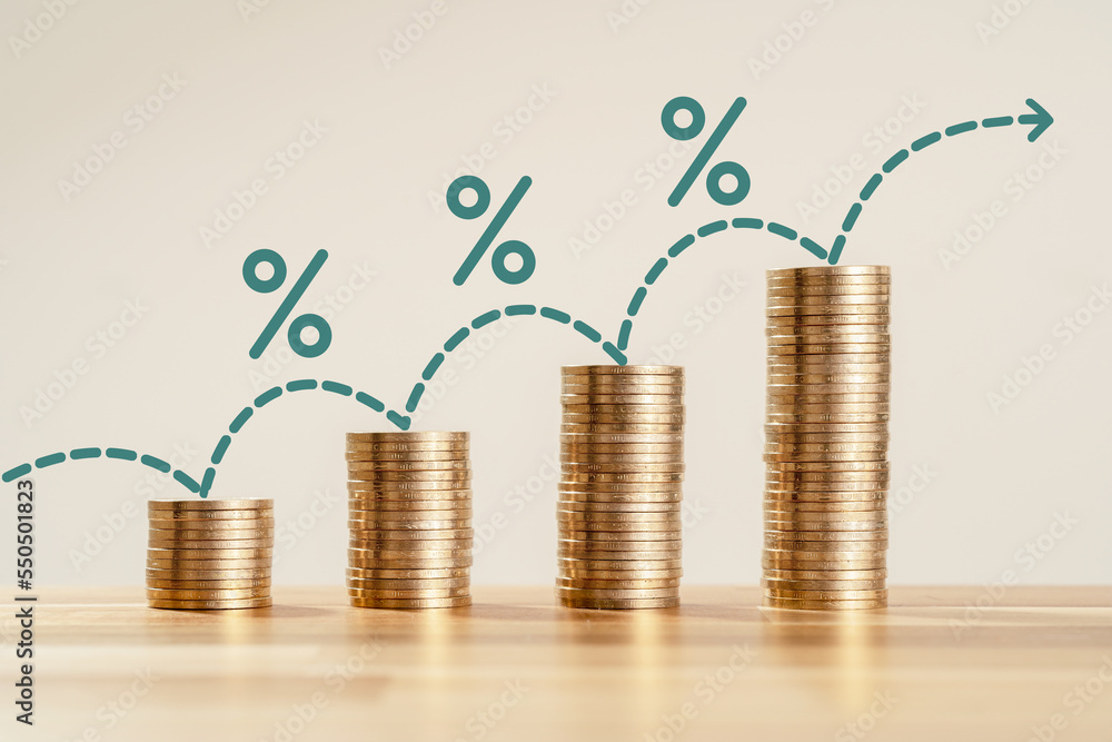 Ταπετσαρία Rising stacked coins with percentage icon as a symbol of increasing living cost and expenses