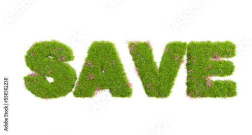 3d rendering of grass letters alphabet,the word save.