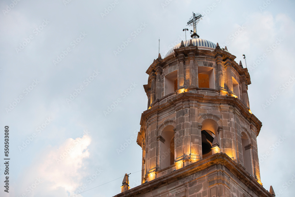 Twilight view of the Spanish colonial historic church of downtown Santiago de Querétaro, Mexico.