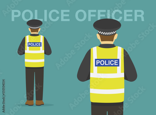 Isolated traffic police officer writing a violation ticket. Back view. Flat vector illustration template.