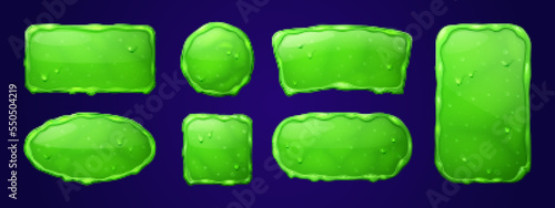 Set of sticky slime frames isolated on background. Cartoon vector illustation of rectangular, square, round and oval green jelly borders with viscous mucus texture, flowing liquid and toxic blobs