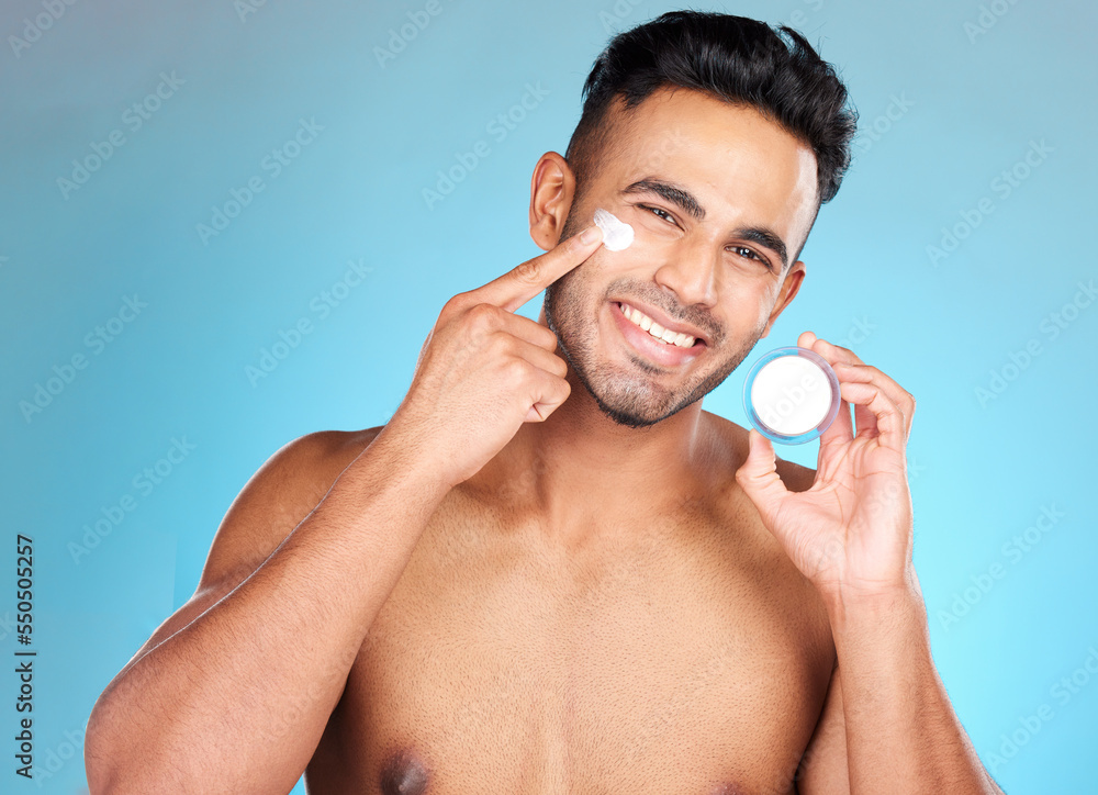 Fototapeta premium Cream, man and face portrait of a man applying skincare for anti aging and smooth, soft skin. Skin care, beauty and moisturizer or lotion with a male apply facial treatment for cosmetic health