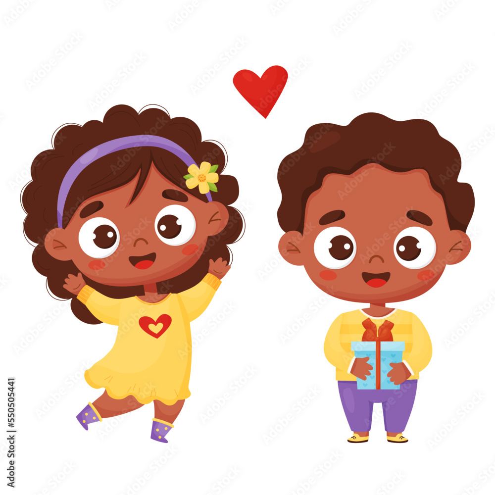 Pair cute ethnic children. Joyful happy black girl and in love boy with gift. Vector illustration. Kids character in cartoon style for card design, decor, valentines, print and kids collection. Pair cute ethnic children. Joyful happy black girl and in love boy with gift. Vector illustration. Kids character in cartoon style for card design, decor, valentines, print and kids collection.