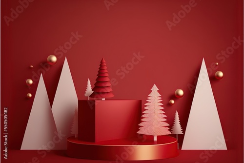 Podium stage newyear red background for display products. generative ai photo