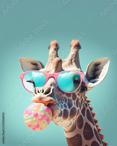 giraffe wearing glasses blowing bubble with pink bubble gum, AI assisted finalized in Photoshop by me