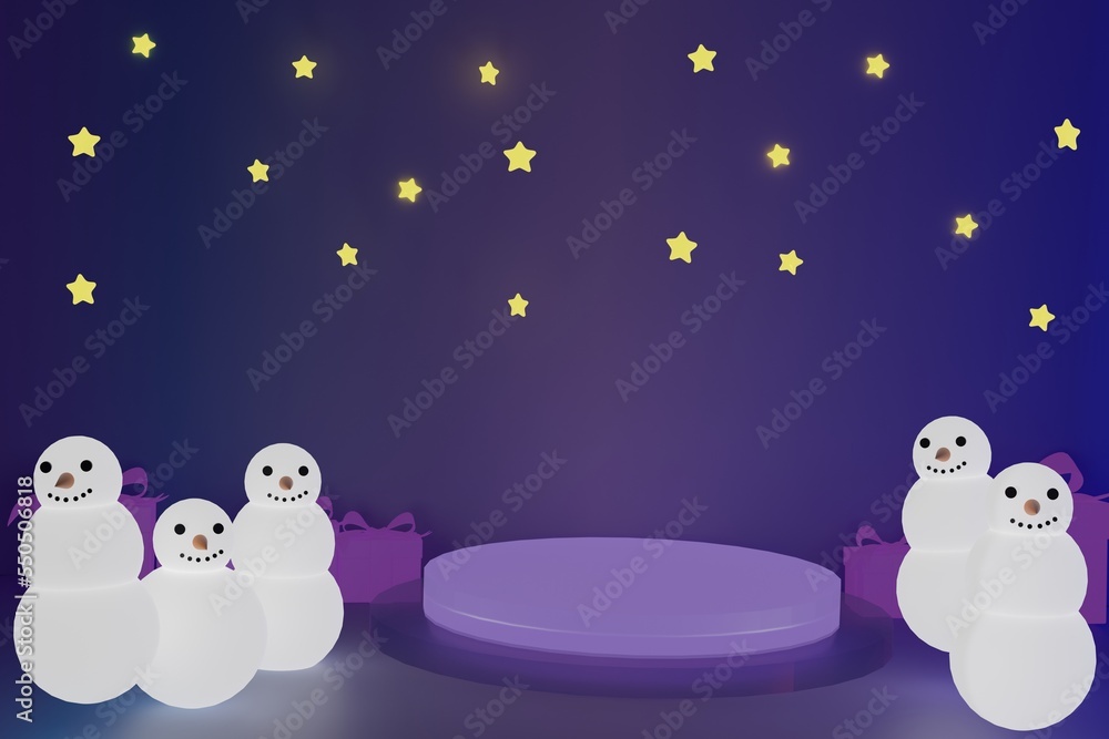 Obraz premium 3d Podium round stage style, giftbox and snowman, for Merry Christmas and happy new year and festivals or greeting festival with purple background